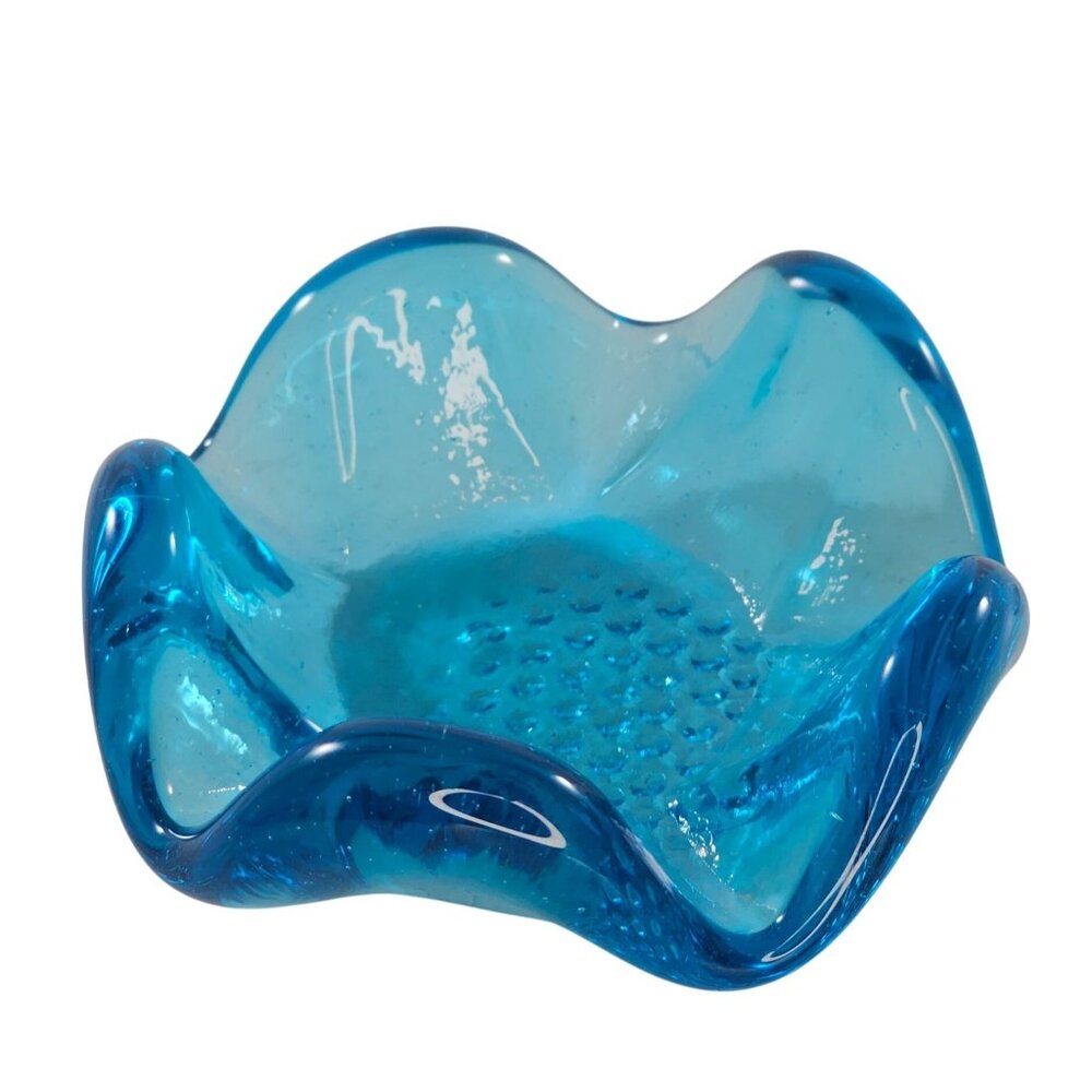 Vintage Blue Art Glass Wavy Edge Ashtray Votive Holder Trinket Dish